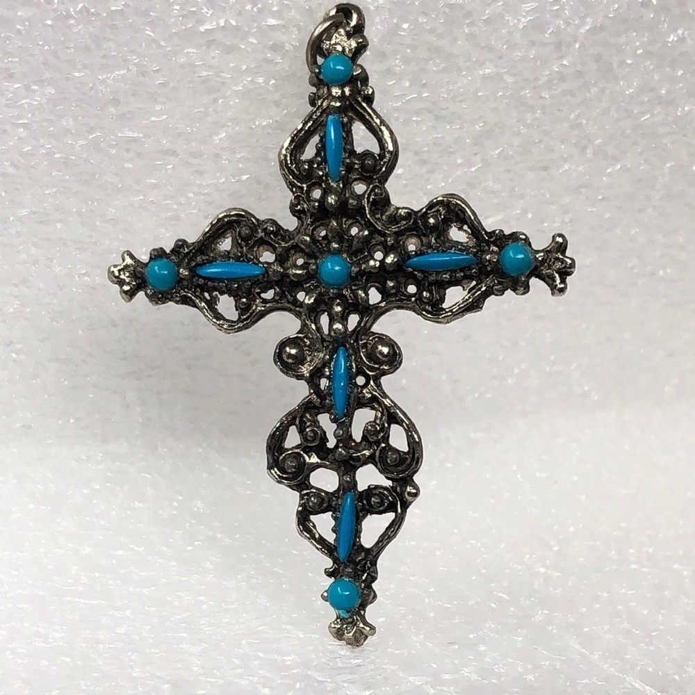 Vintage Pendant Ornate Silver Tone Cross Faux Turquoise Accents